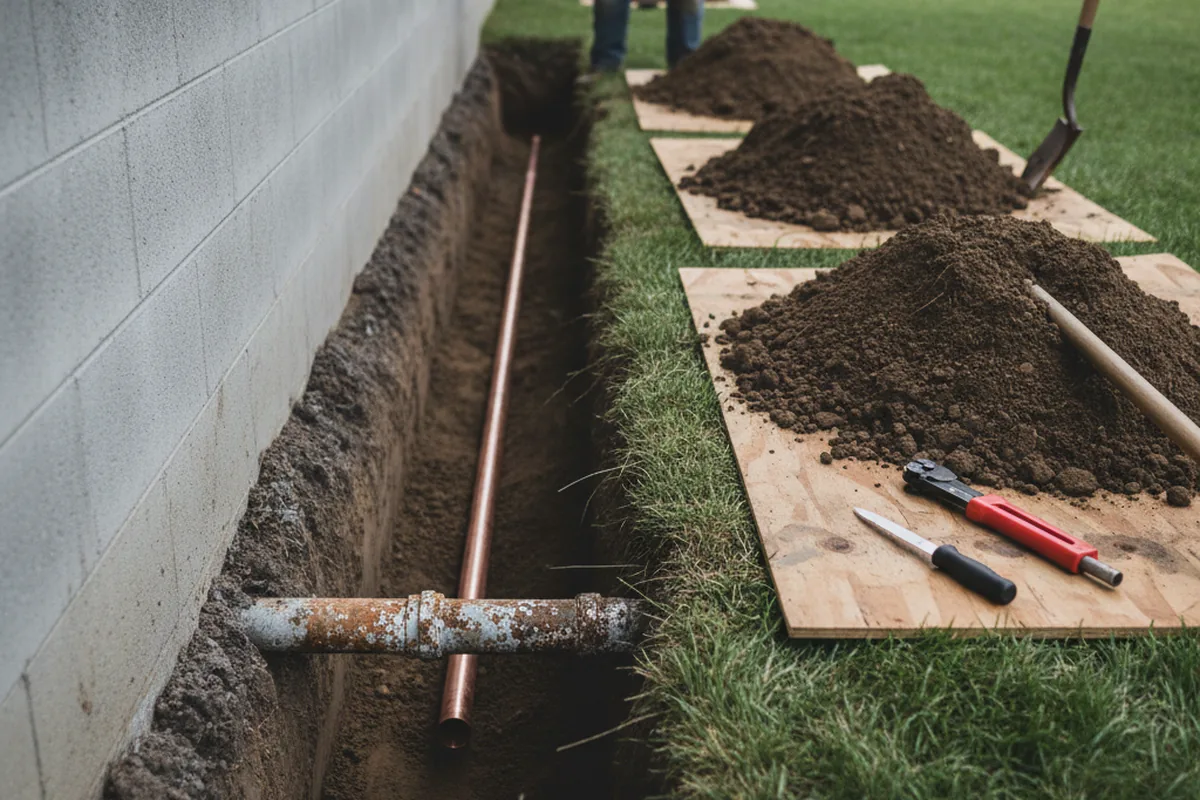 Excavated water line trench during Water Softener Installation in Mountain Home